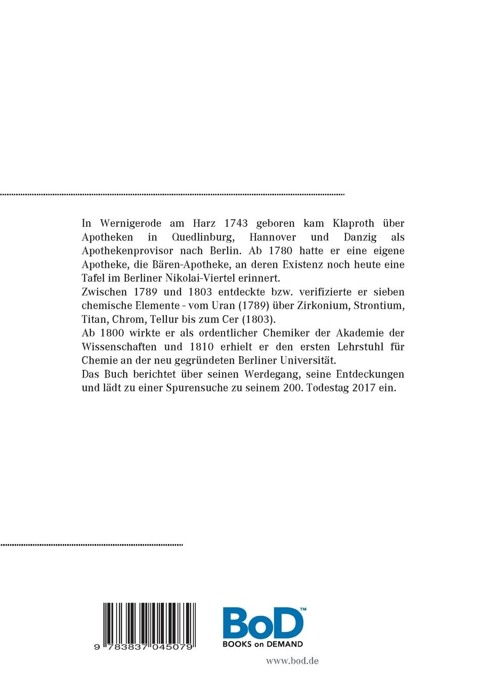 Rückseitencover Vom Harz nach Berlin Martin Heinrich Klaproth