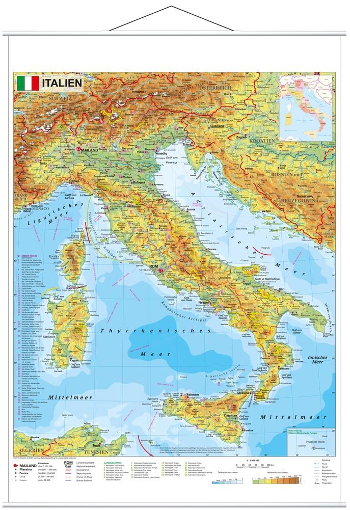 Vorderes Coverbild Italien physisch 1 : 1.600 000. Wandkarte mit Metallbeleistung