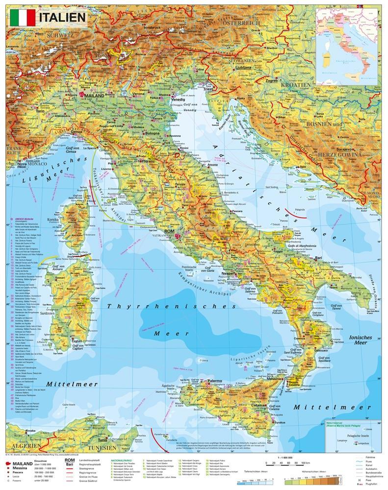 Vorderes Coverbild Italien physisch  1 : 1.600 000