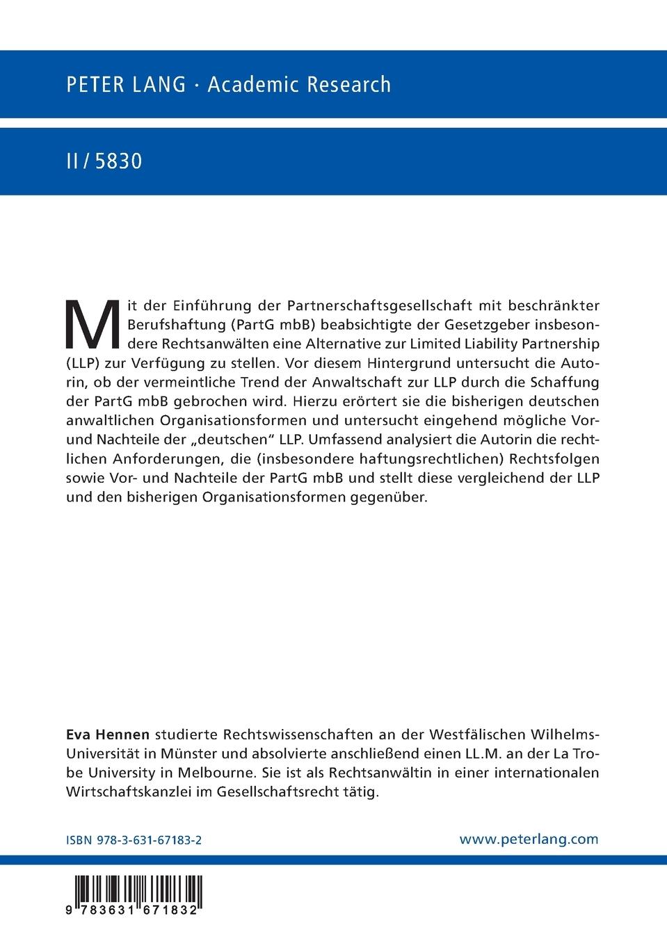 Rückseitencover Die Partnerschaftsgesellschaft mit beschränkter Berufshaftung als Alternative zur britischen Limited Liability Partnership