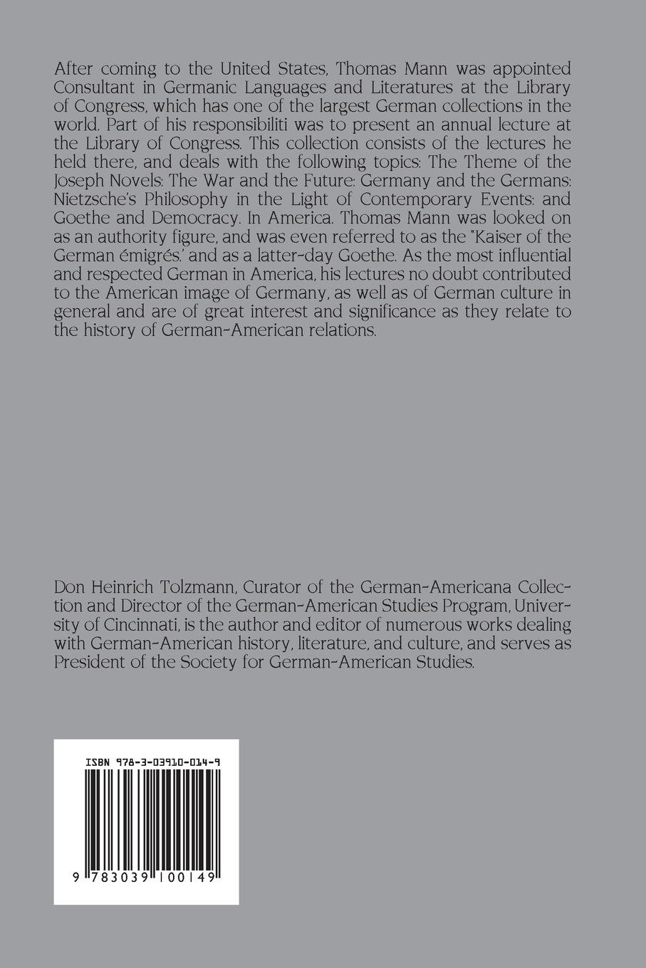 Rückseitencover Thomas Mann's Addresses Delivered at the Library of Congress