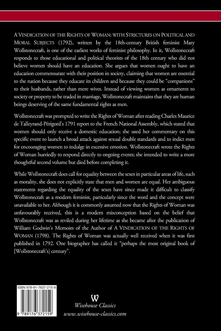 Rückseitencover A Vindication of the Rights of Woman (Wisehouse Classics - Original 1792 Edition)