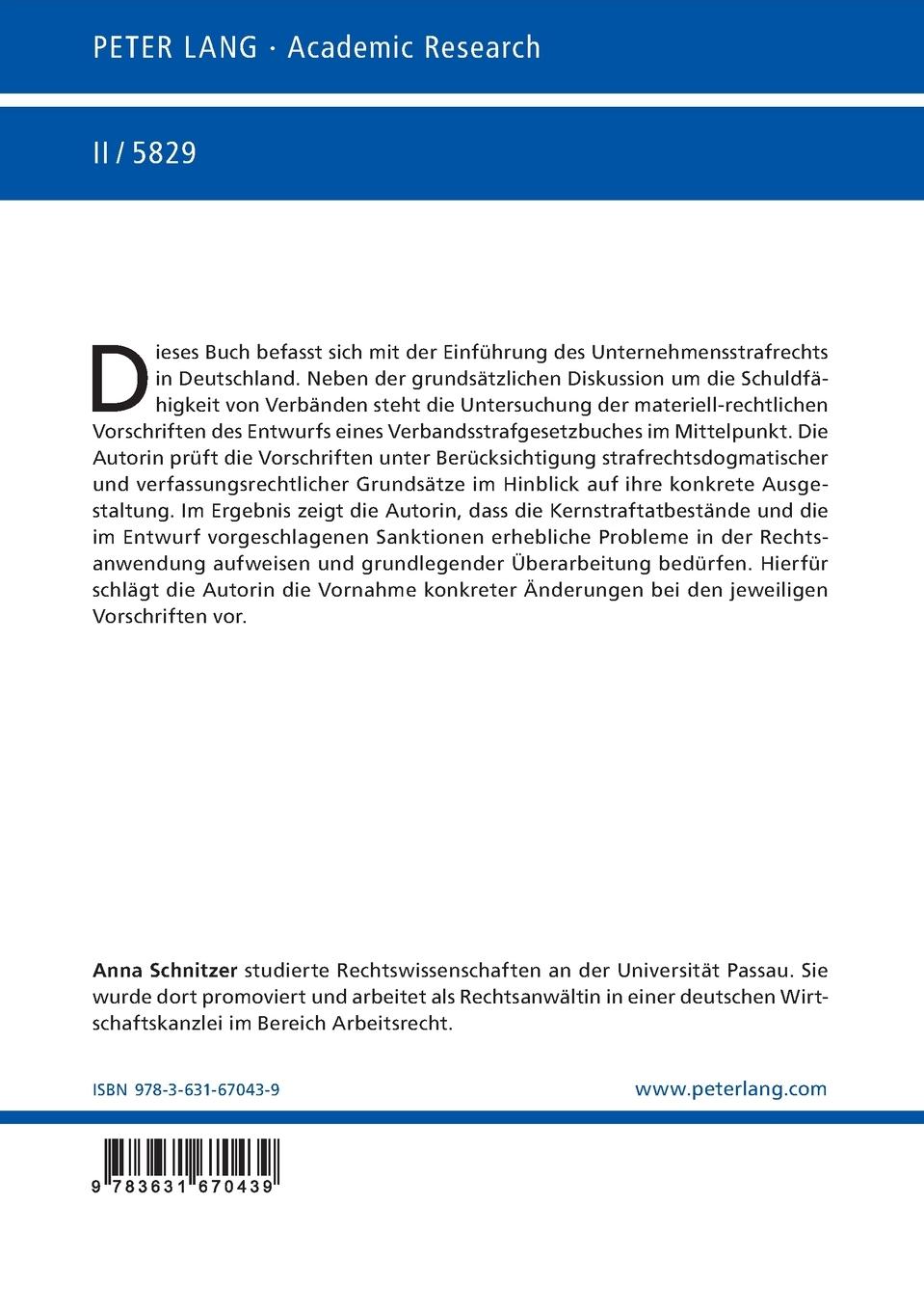 Rückseitencover Der Entwurf eines Verbandsstrafgesetzbuches: Rechtspolitische Illusion oder zukünftige Rechtswirklichkeit?