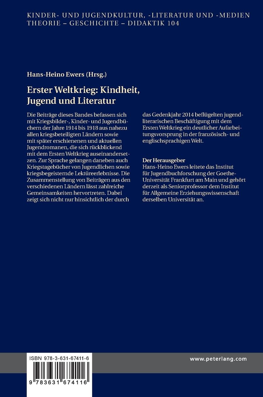 Rückseitencover Erster Weltkrieg: Kindheit, Jugend und Literatur