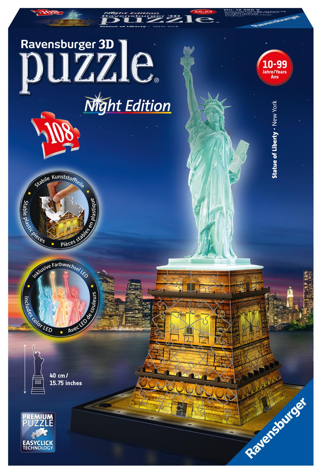 Vorderes Coverbild Freiheitsstatue bei Nacht. 3D Puzzle 108 Teile