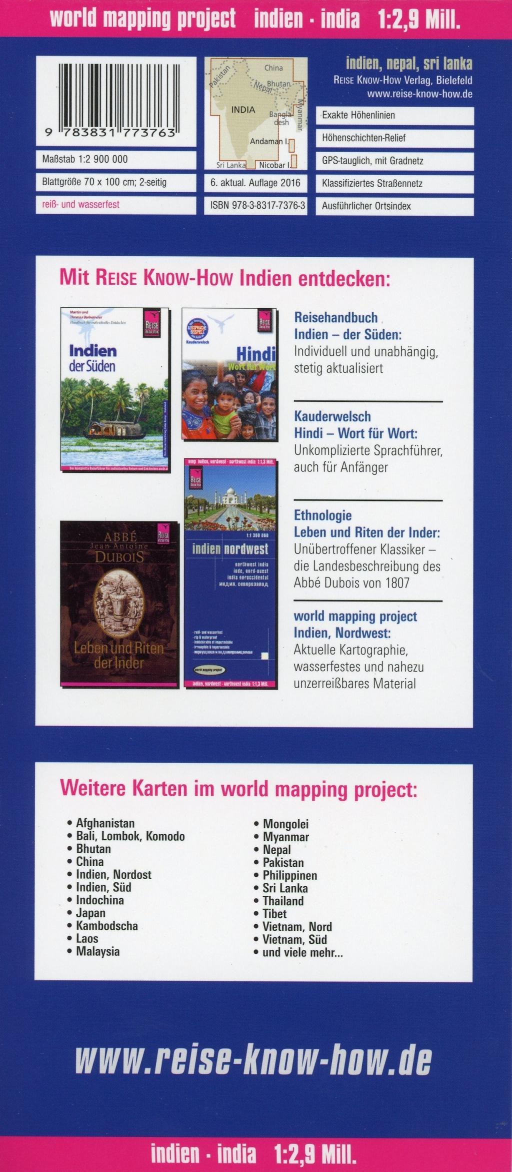 Beispielinhalt (Bild) Reise Know-How Landkarte Indien (1:2.900.000) mit Nepal und Sri Lanka