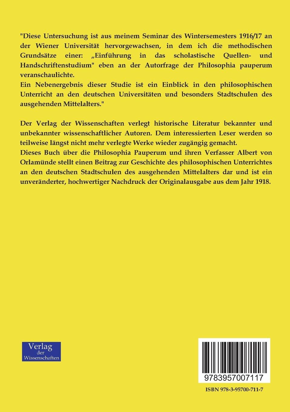 Rückseitencover Die Philosophia Pauperum und ihr Verfasser Albert von Orlamünde
