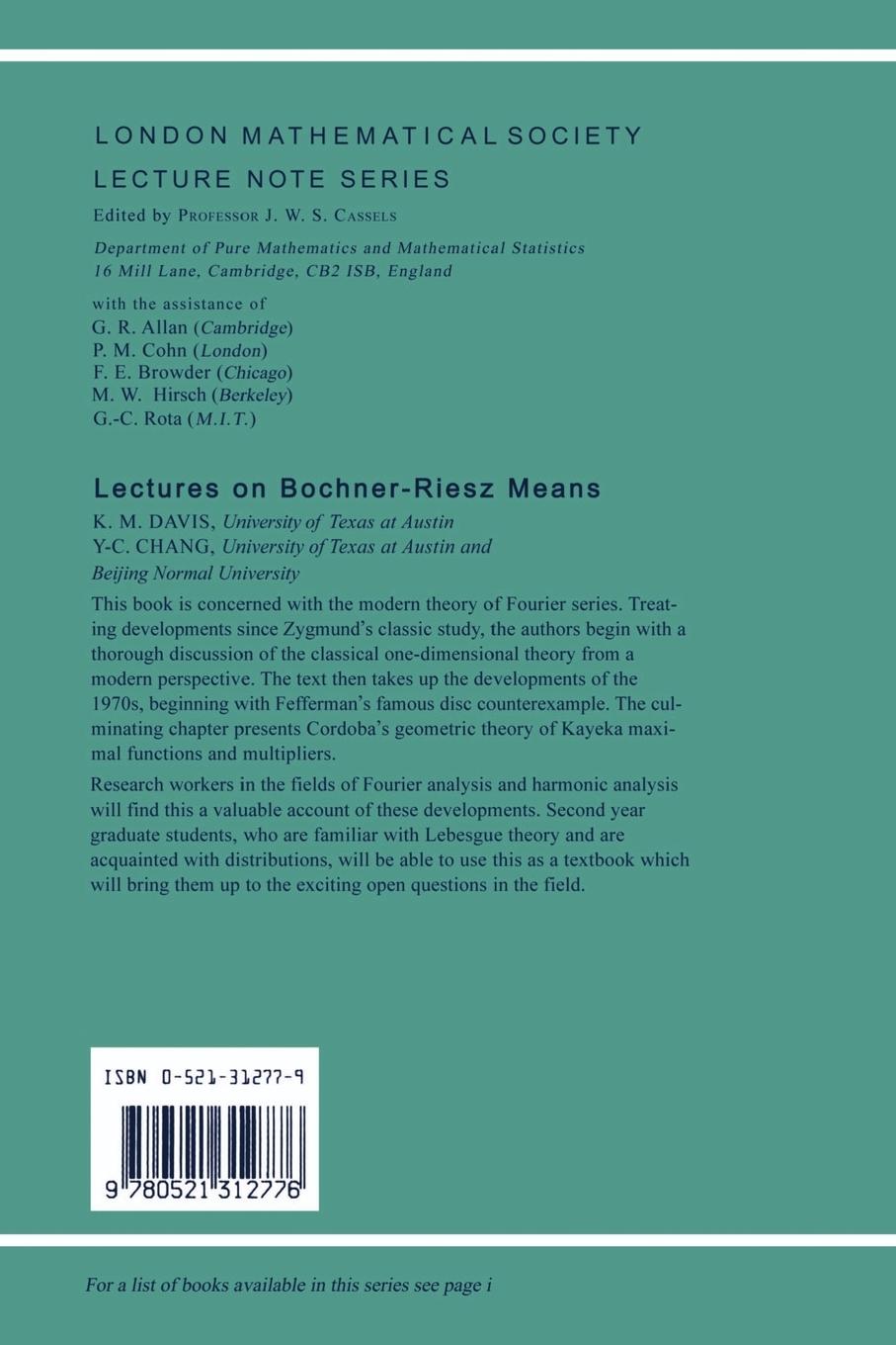 Rückseitencover Lectures on Bochner-Riesz Means