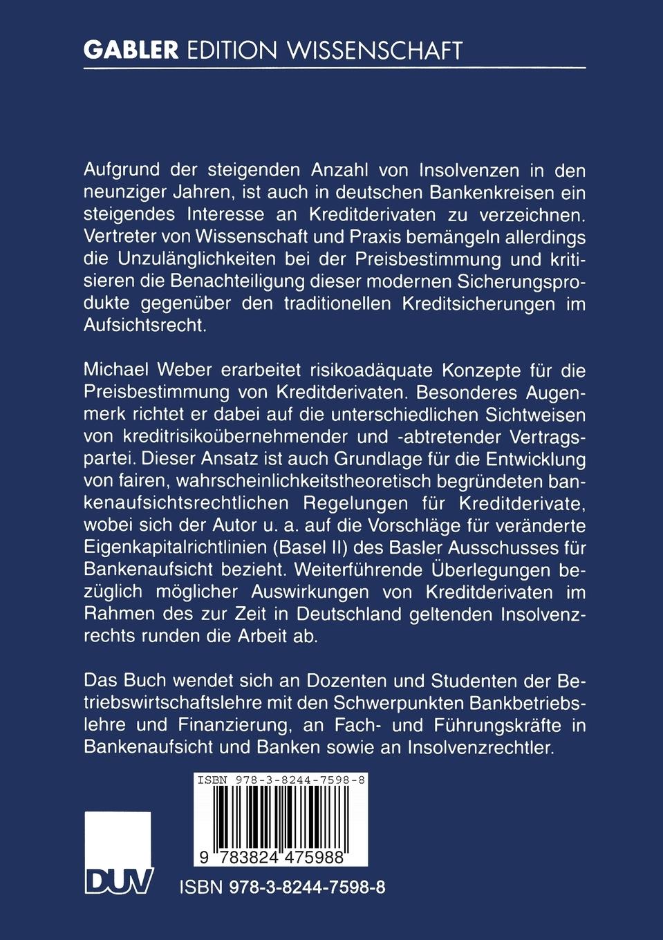 Rückseitencover Bewertung und Eigenkapitalunterlegung von Kreditderivaten