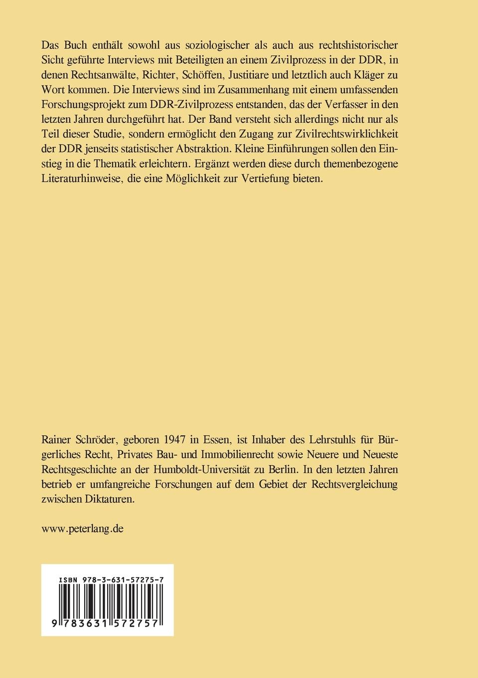 Rückseitencover Die DDR-Ziviljustiz im Gespräch - 26 Zeitzeugeninterviews