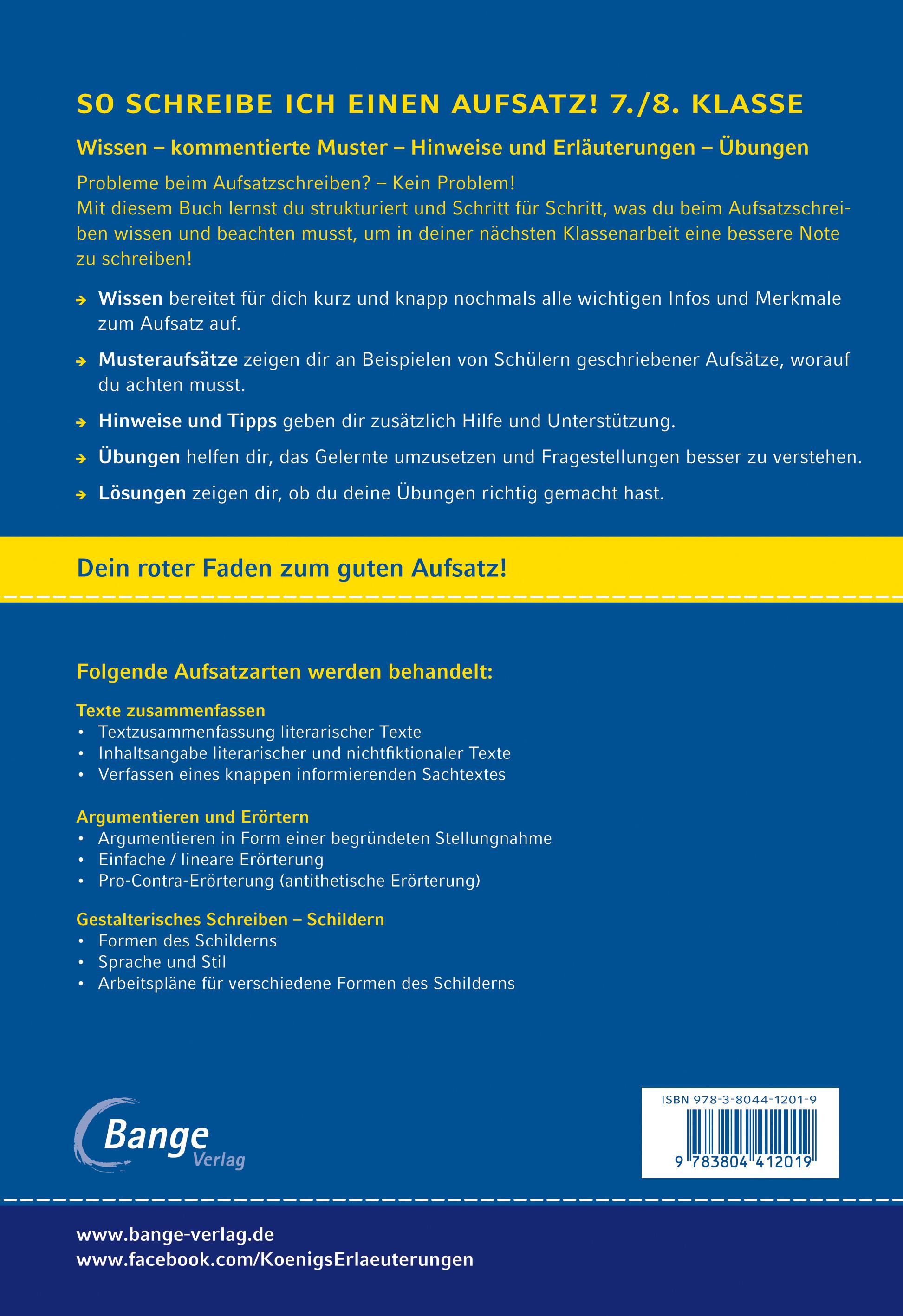 Rückseitencover So schreibe ich einen Aufsatz! 7./8. Klasse.
