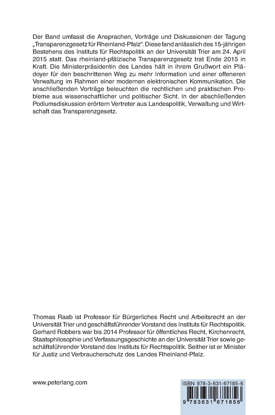 Rückseitencover Transparenzgesetz für Rheinland-Pfalz