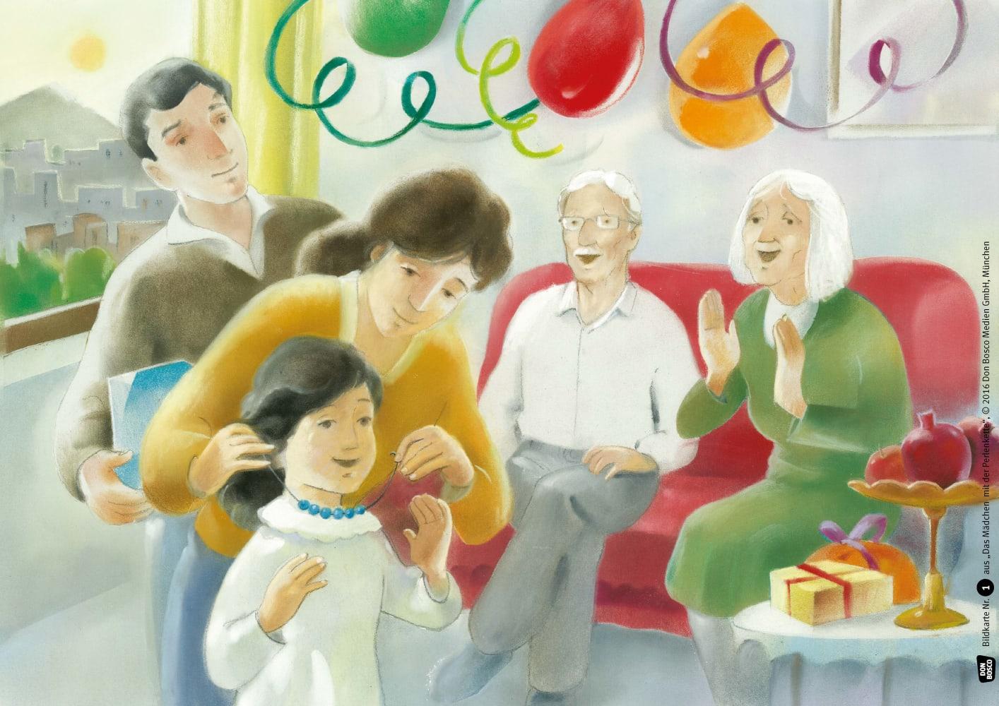 Beispielinhalt (Bild) Das Mädchen mit der Perlenkette. Die Geschichte einer Flucht. Kamishibai Bildkartenset.