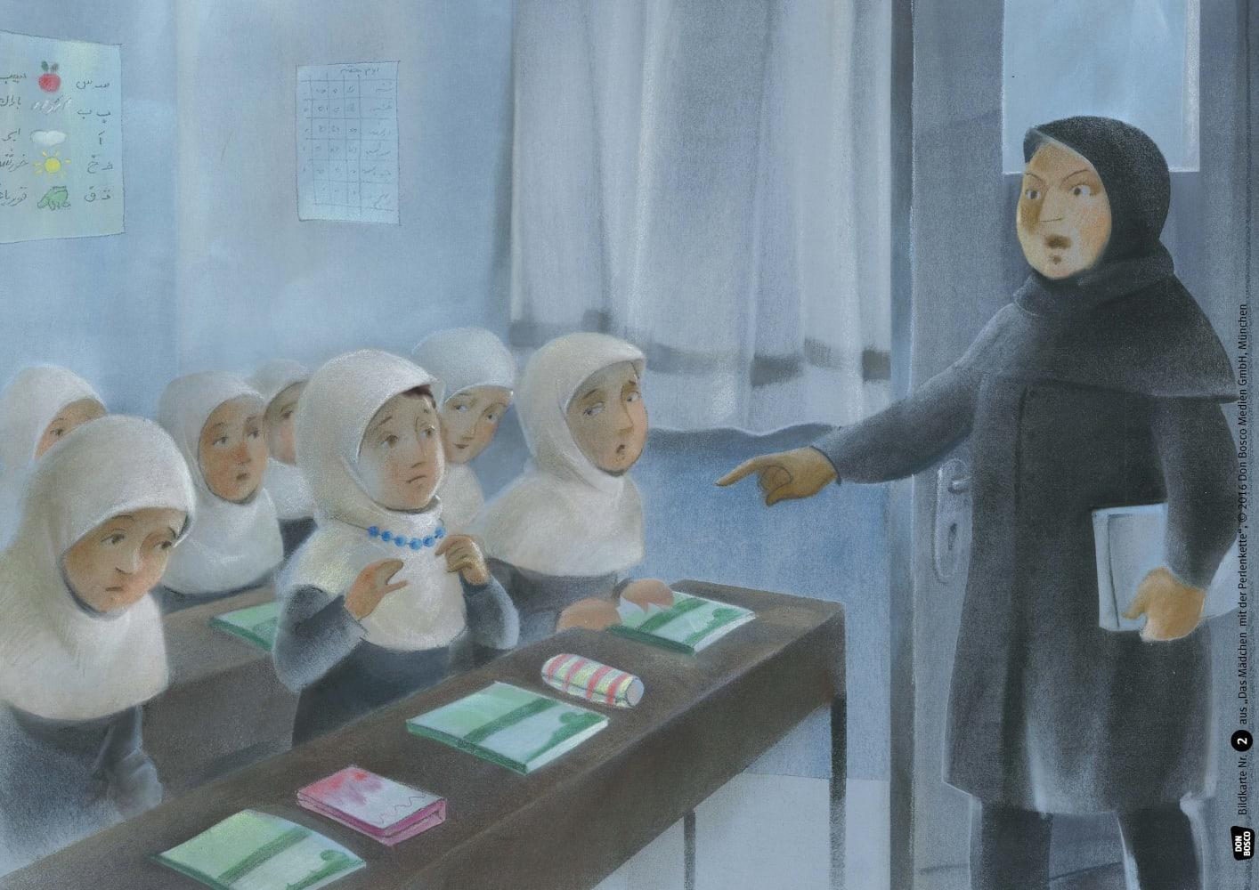 Beispielinhalt (Bild) Das Mädchen mit der Perlenkette. Die Geschichte einer Flucht. Kamishibai Bildkartenset.