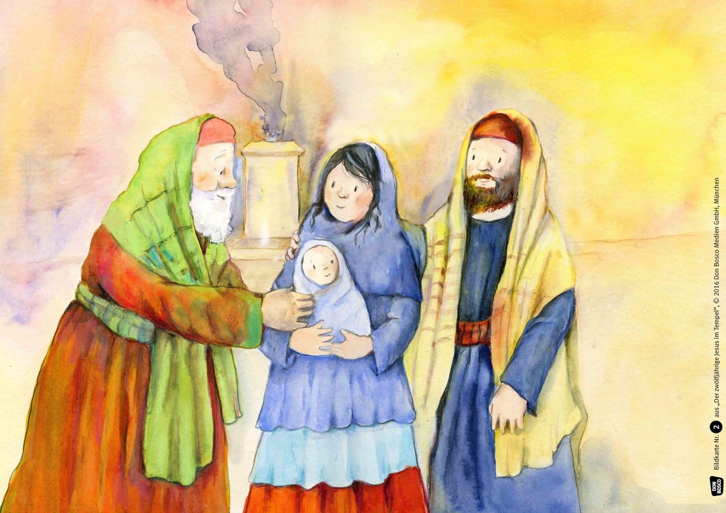 Beispielinhalt (Bild) Der zwölfjährige Jesus im Tempel. Kamishibai Bildkartenset.