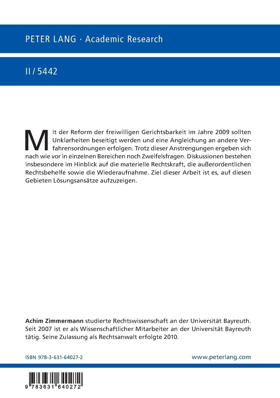 Rückseitencover Die Abänderbarkeit von Entscheidungen in der freiwilligen Gerichtsbarkeit