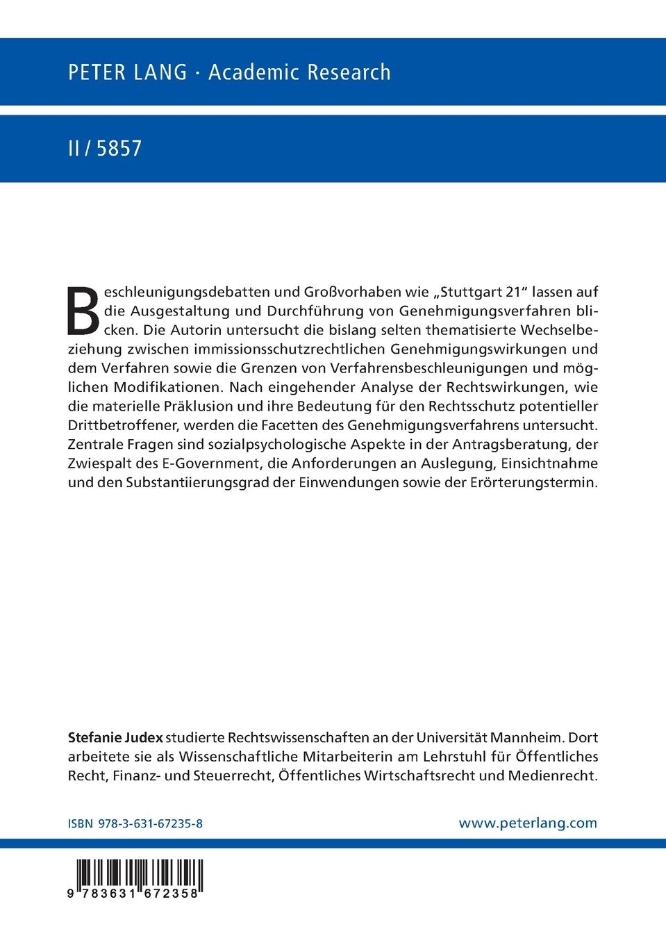Rückseitencover Das immissionsschutzrechtliche Genehmigungsverfahren im Lichte der Genehmigungswirkungen