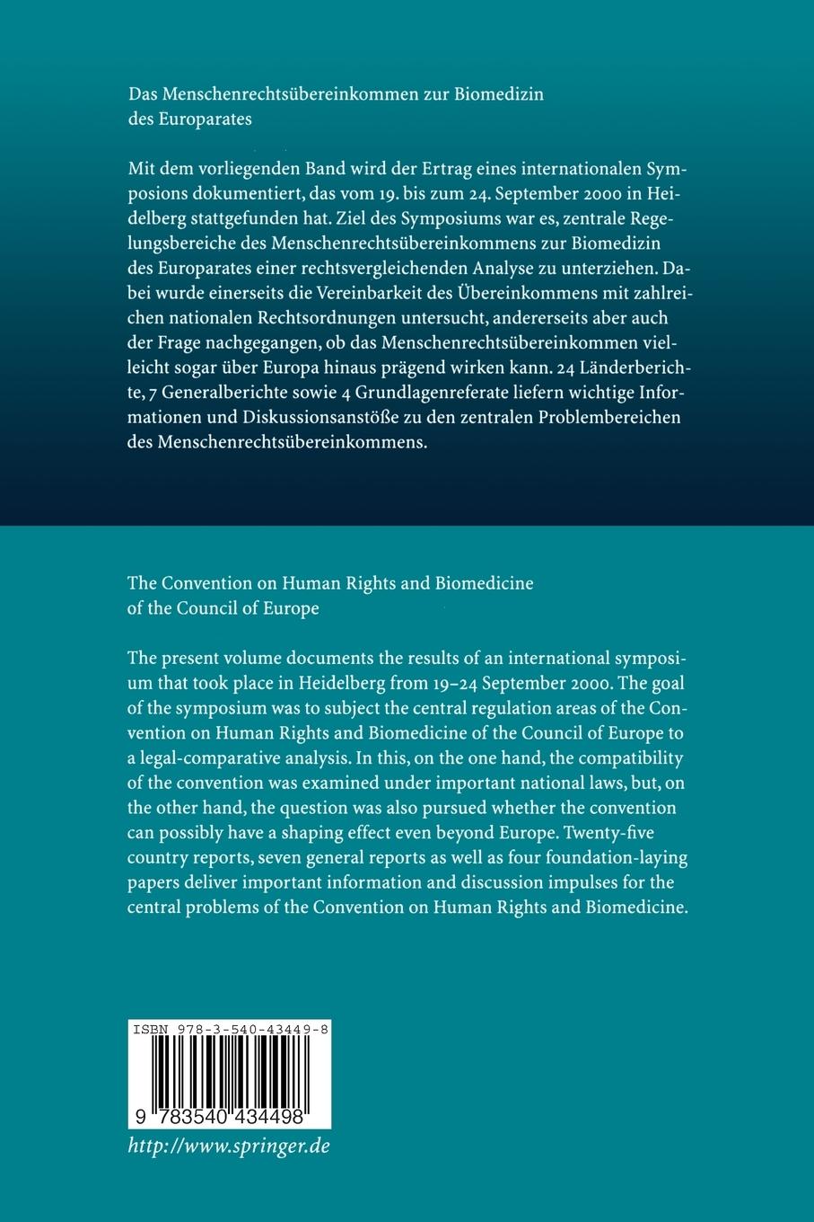 Rückseitencover Das Menschenrechtsübereinkommen zur Biomedizin des Europarates - taugliches Vorbild für eine weltweit geltende Regelung?
