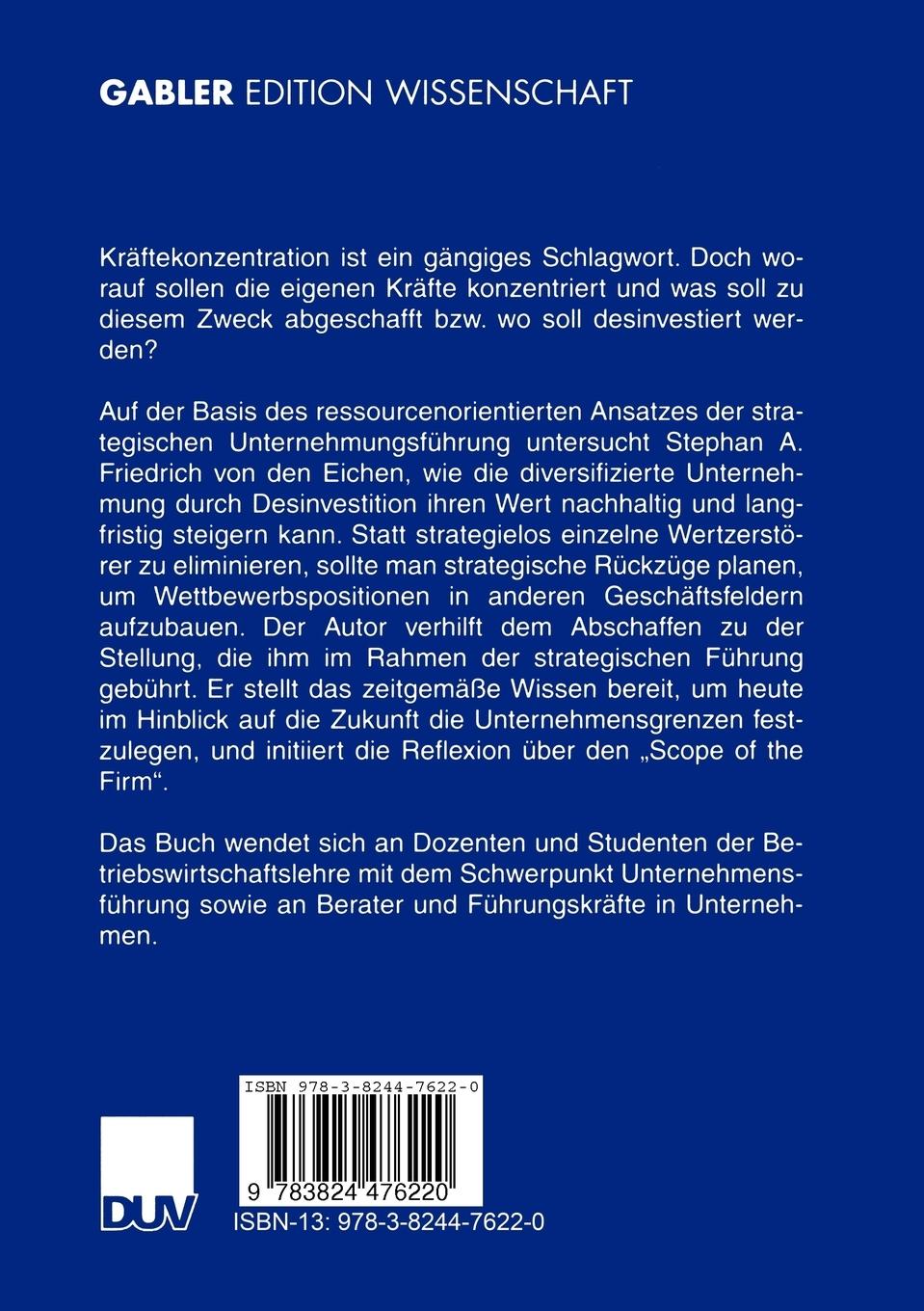 Rückseitencover Kräftekonzentration in der diversifizierten Unternehmung