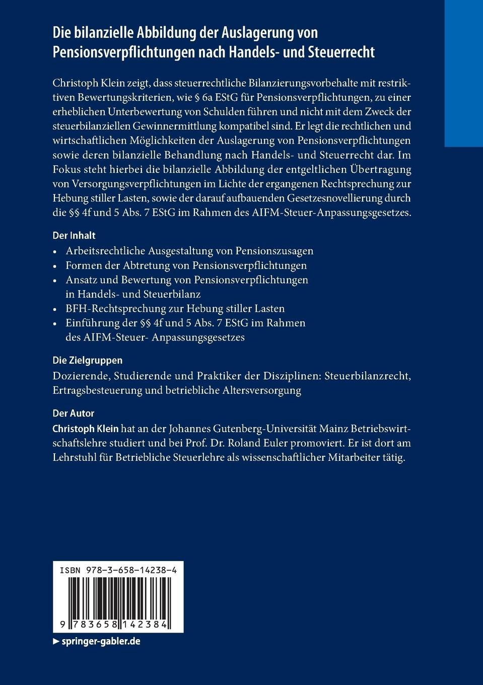 Rückseitencover Die bilanzielle Abbildung der Auslagerung von Pensionsverpflichtungen nach Handels- und Steuerrecht