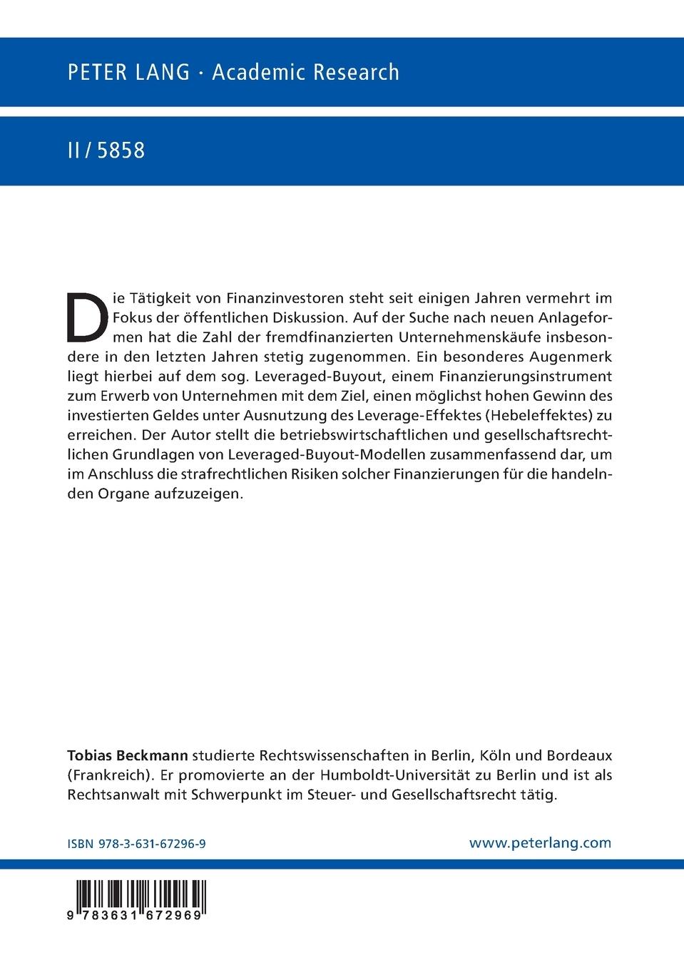 Rückseitencover Die strafrechtliche Bewertung von Leveraged-Buyout-Modellen