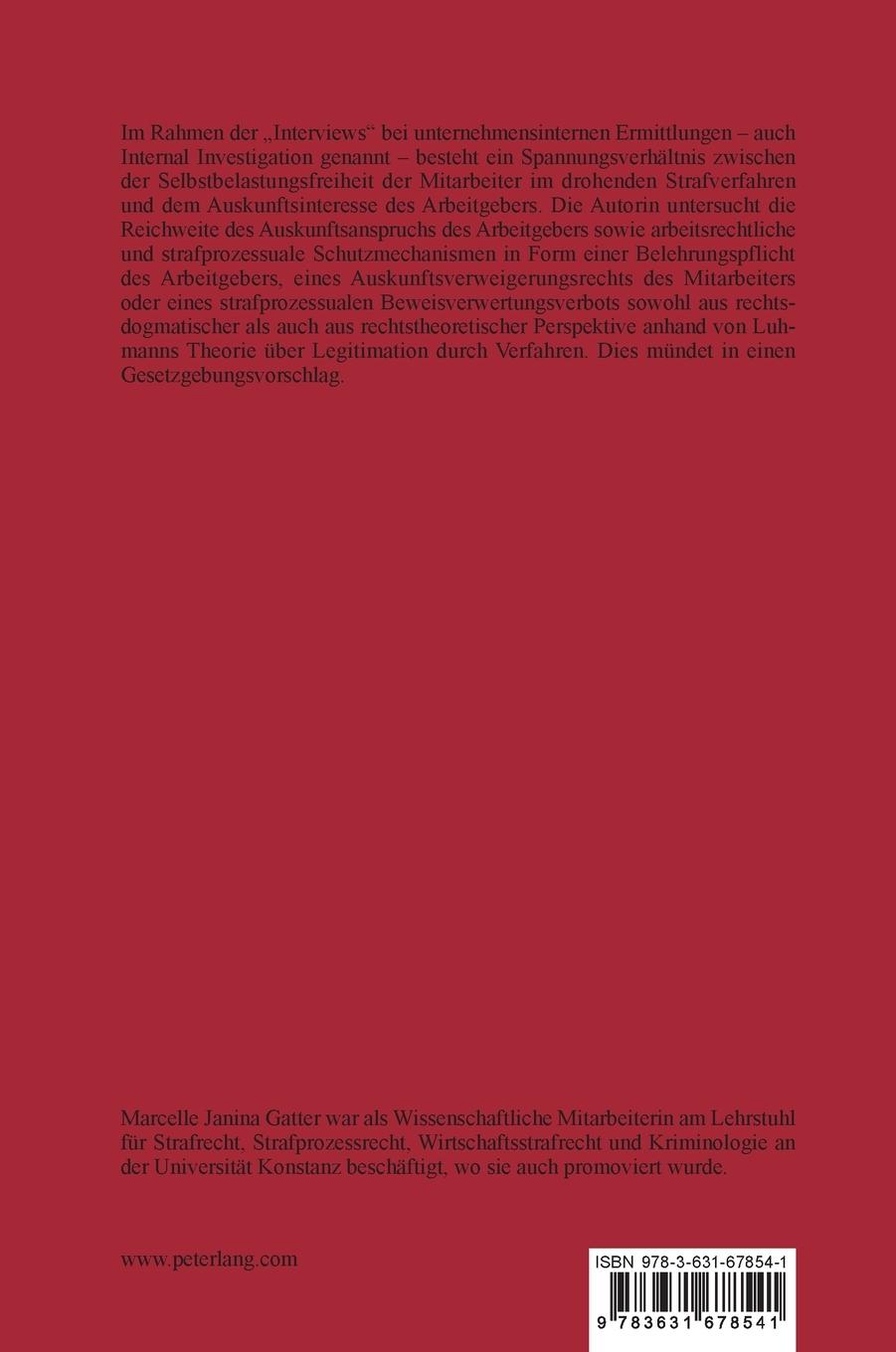 Rückseitencover Die Ausgestaltung von Mitarbeiterbefragungen bei unternehmensinternen Ermittlungen und die Selbstbelastungsfreiheit