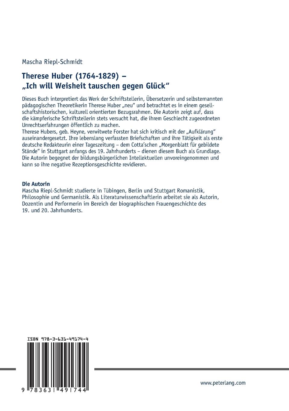 Rückseitencover Therese Huber (1764-1829) - 'Ich will Weisheit tauschen gegen Glück'