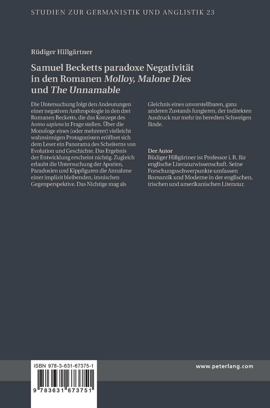 Rückseitencover Samuel Becketts paradoxe Negativität in den Romanen 'Molloy', 'Malone Dies' und 'The Unnamable'