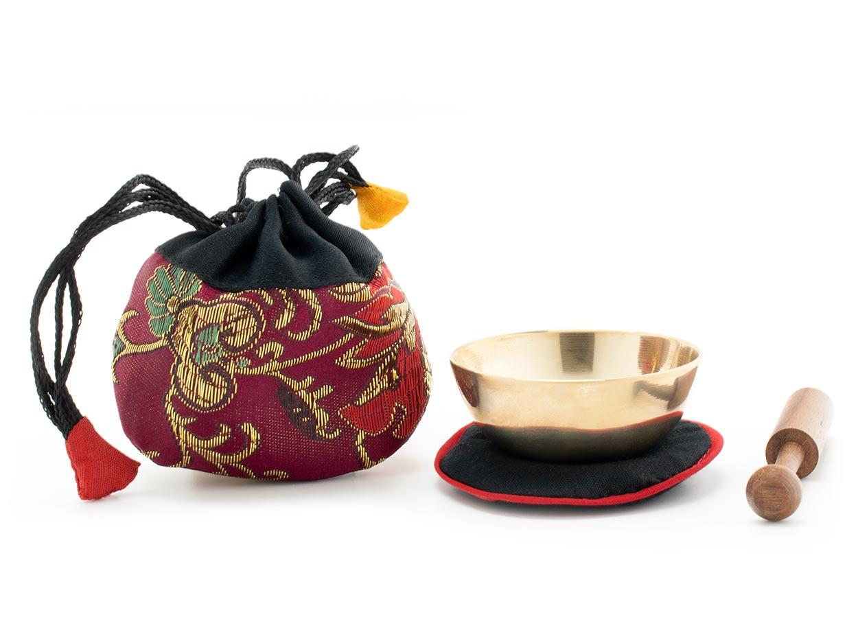 Vorderes Coverbild Mini-Klangschale mit gutem Klang in weinrotem Beutel