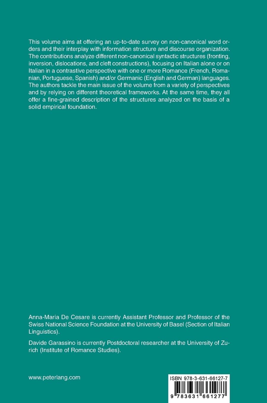 Rückseitencover Current Issues in Italian, Romance and Germanic Non-canonical Word Orders