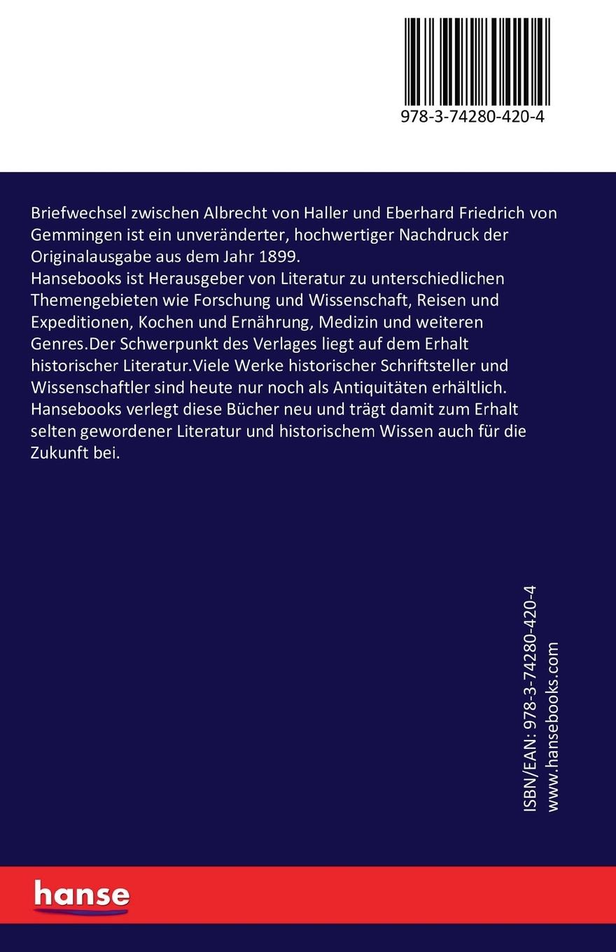 Rückseitencover Briefwechsel zwischen Albrecht von Haller und Eberhard Friedrich von Gemmingen