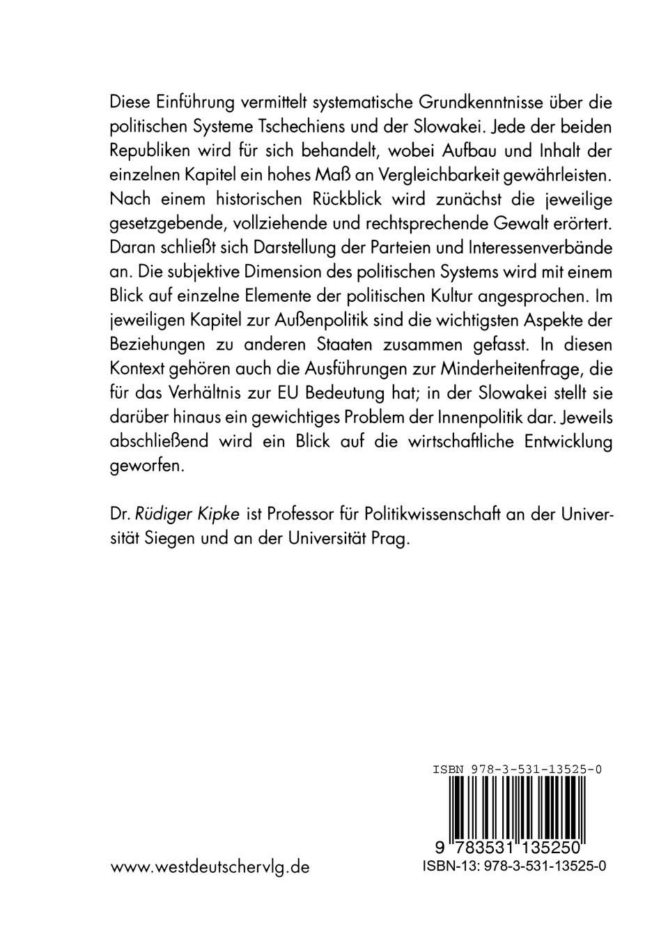 Rückseitencover Die Politischen Systeme Tschechiens und der Slowakei