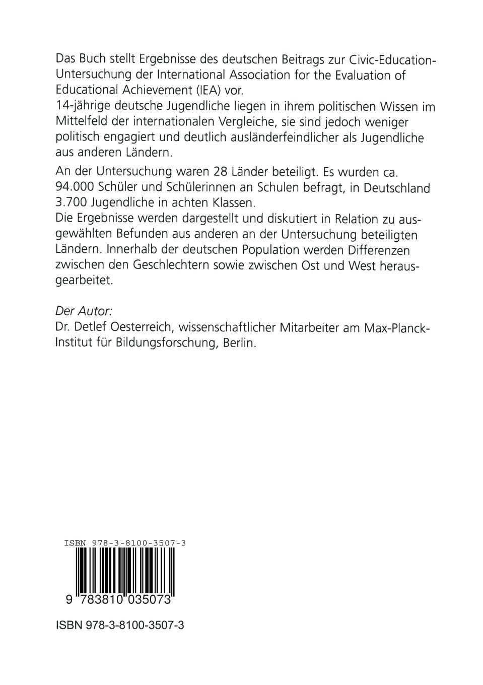 Rückseitencover Politische Bildung von 14-Jährigen in Deutschland