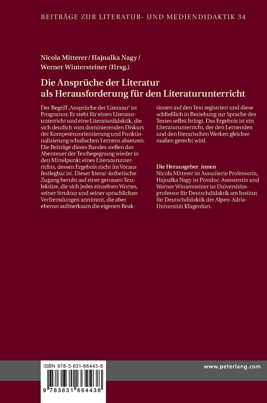 Rückseitencover Die Ansprüche der Literatur als Herausforderung für den Literaturunterricht