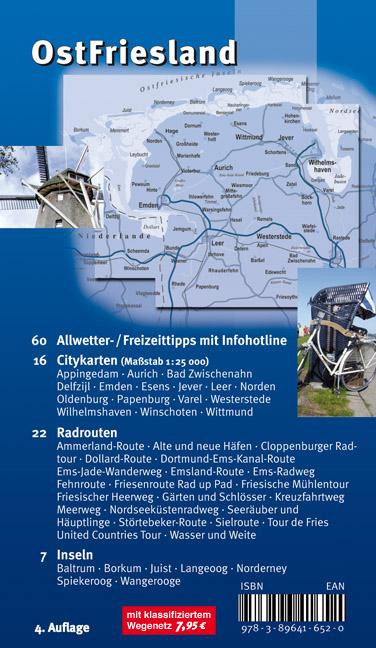 Rückseitencover Ostfriesland >regio< (ganze Region ostfriesische Halbinsel), KVplan, Radkarte/Freizeitkarte, 1:100.000 / 1:25.000