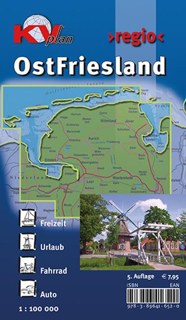 Vorderes Coverbild Ostfriesland >regio< (ganze Region ostfriesische Halbinsel), KVplan, Radkarte/Freizeitkarte, 1:100.000 / 1:25.000