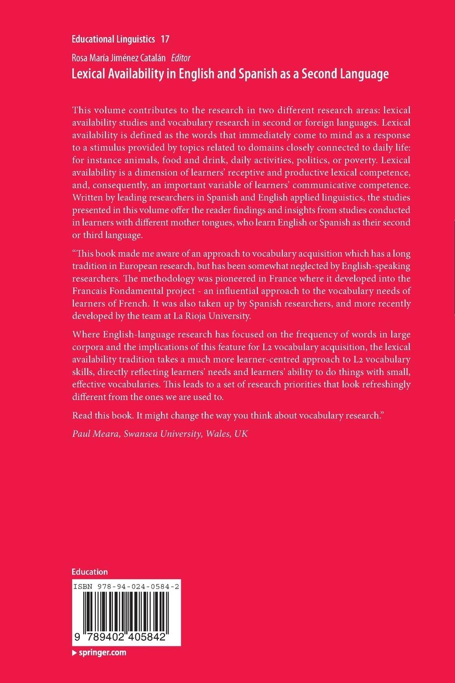 Rückseitencover Lexical Availability in English and Spanish as a Second Language