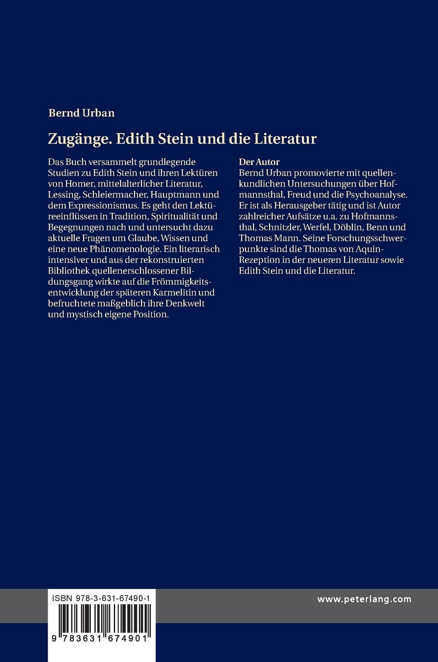 Rückseitencover Zugänge. Edith Stein und die Literatur