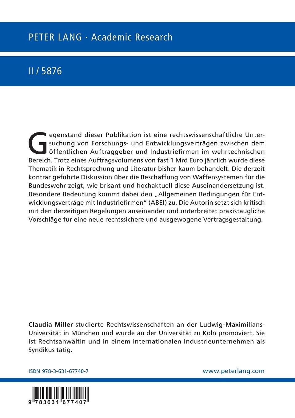 Rückseitencover Forschungs- und Entwicklungsverträge zwischen dem öffentlichen Auftraggeber und Industriefirmen im wehrtechnischen Bereich