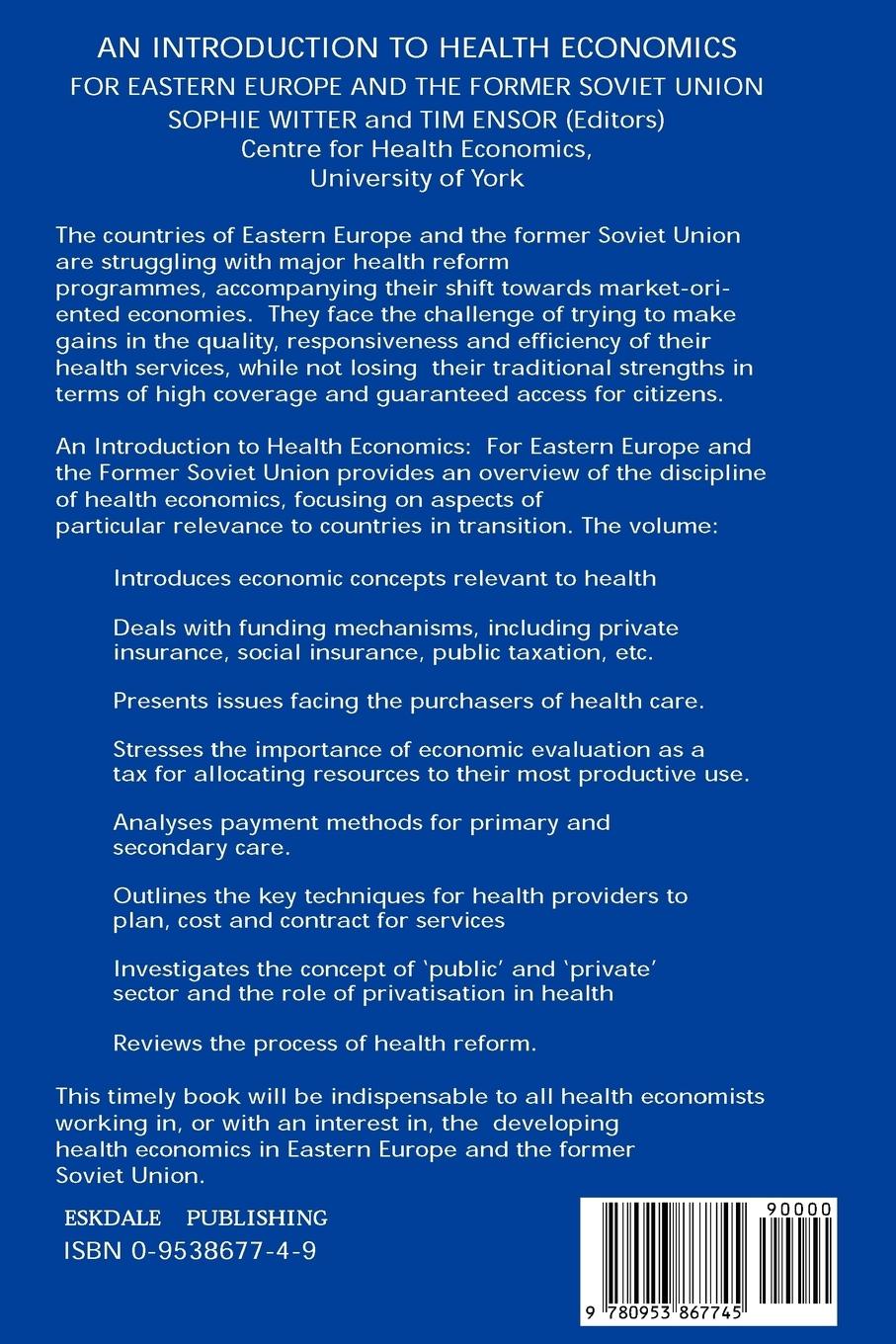 Rückseitencover An Introduction to Health Economics for Eastern Europe and the Former Soviet Union