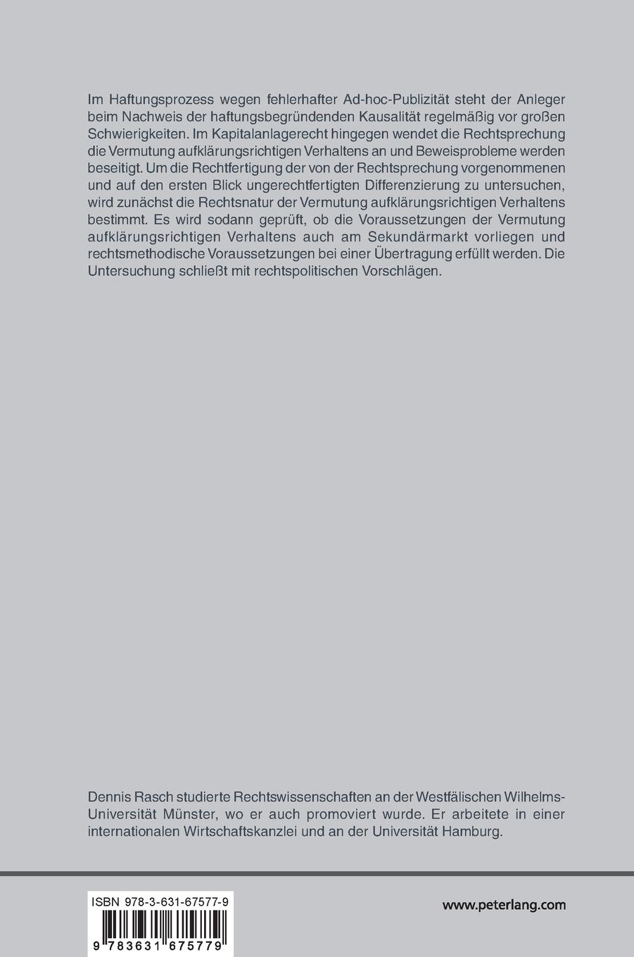 Rückseitencover Der Nachweis der haftungsbegründenden Kausalität bei fehlerhafter Ad-hoc-Publizität