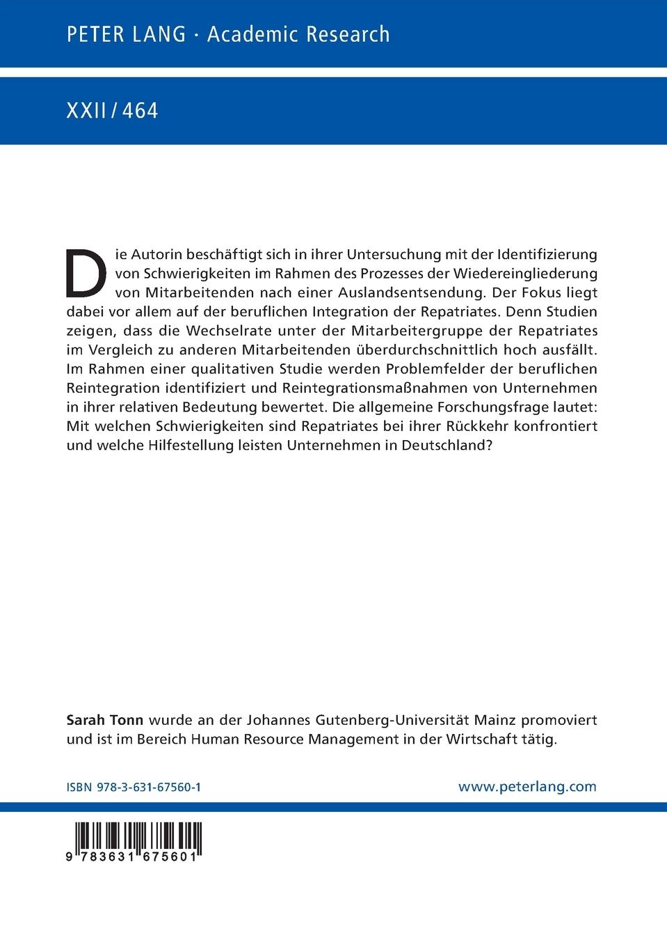 Rückseitencover Die berufliche Integration von Repatriates