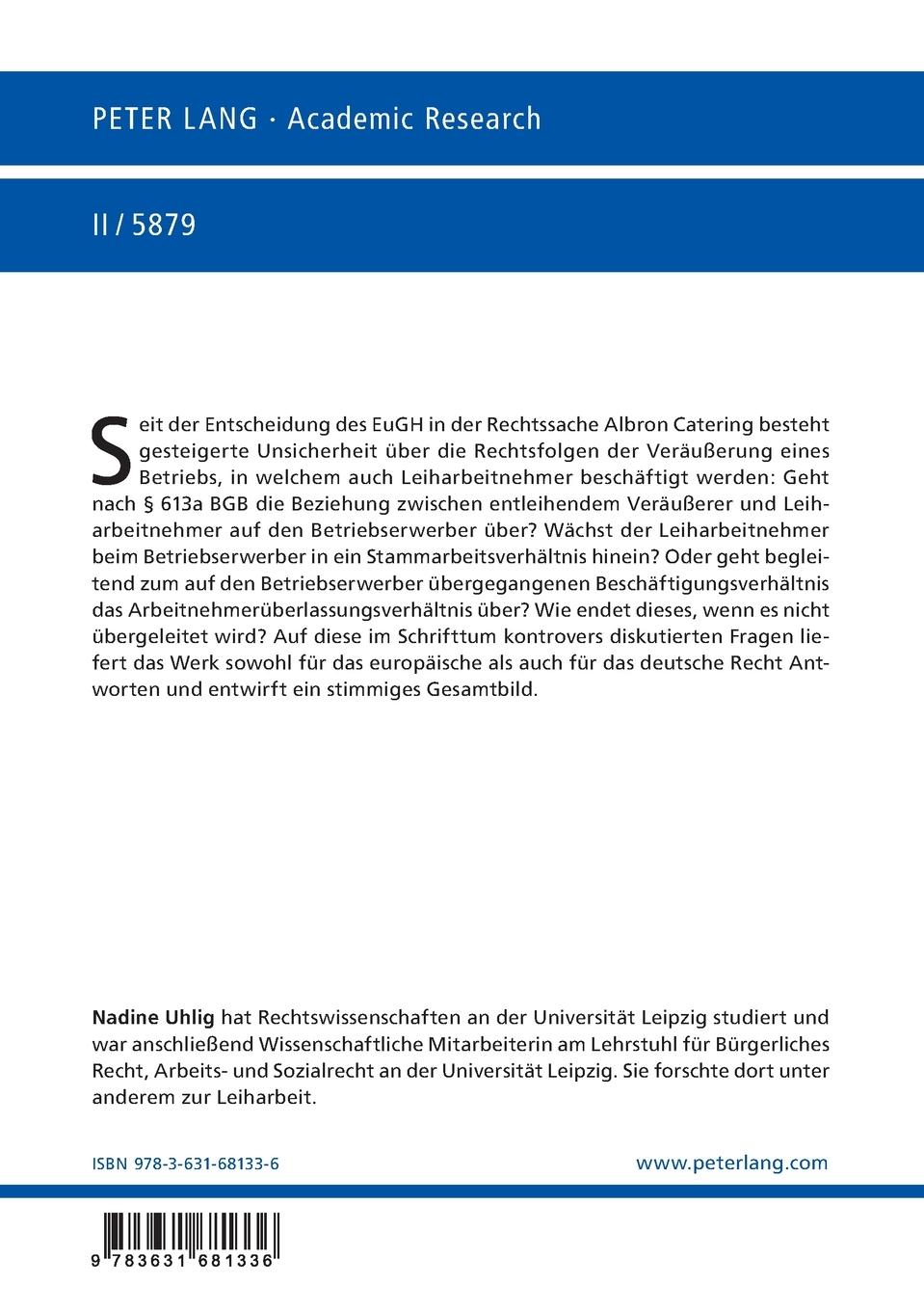 Rückseitencover Die Dreiecksbeziehung der Arbeitnehmerüberlassung im Betriebsübergang des Entleiherbetriebs