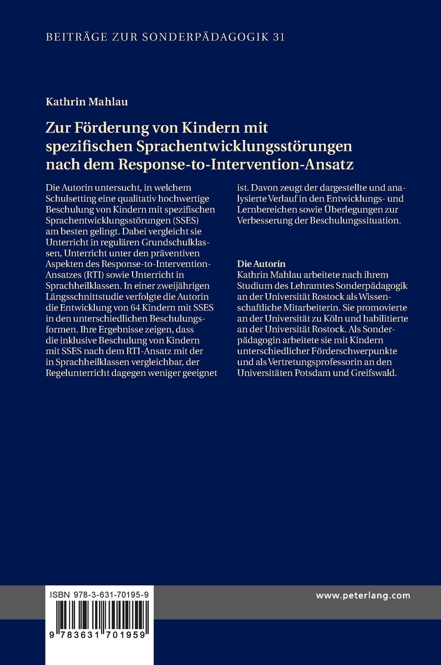 Rückseitencover Zur Förderung von Kindern mit spezifischen Sprachentwicklungsstörungen nach dem Response-to-Intervention-Ansatz