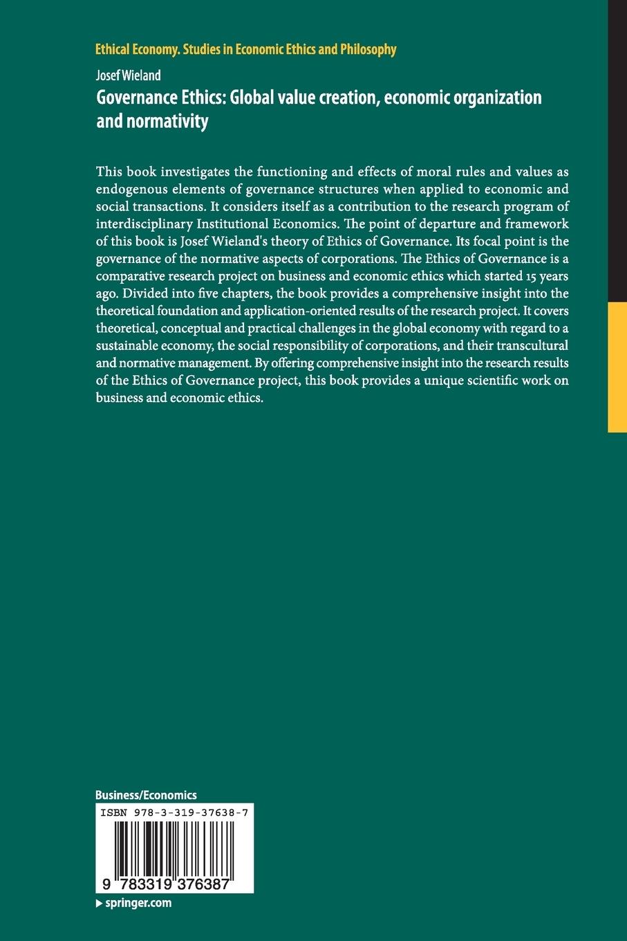 Rückseitencover Governance Ethics: Global value creation, economic organization and normativity