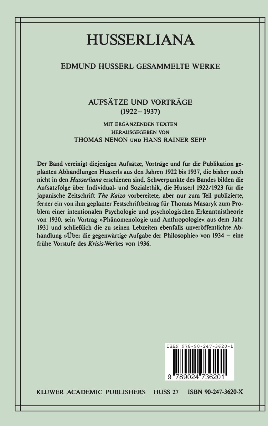 Rückseitencover Aufsätze und Vorträge (1922-1937)