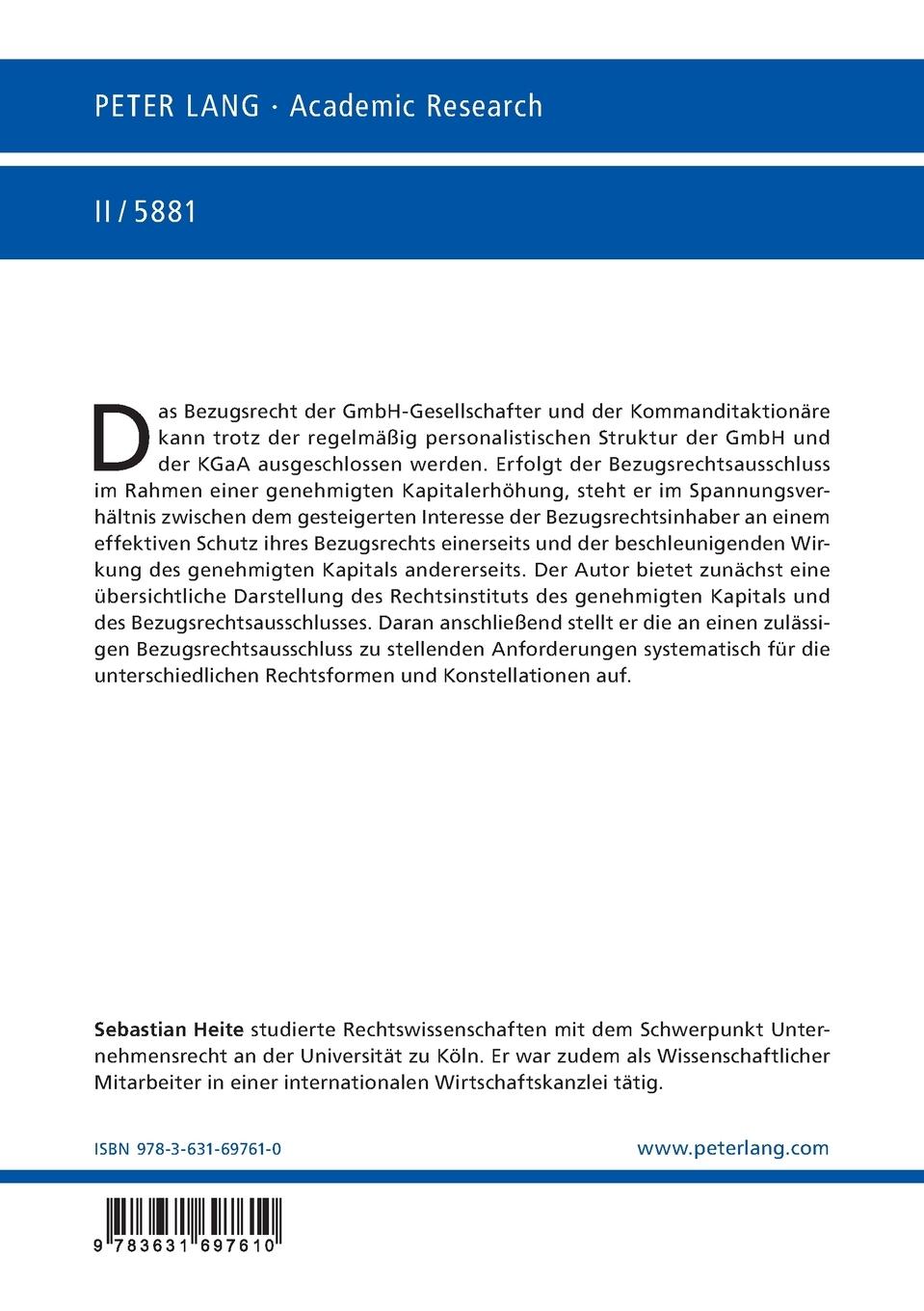 Rückseitencover Bezugsrechtsausschluss im Rahmen des genehmigten Kapitals bei personalistisch strukturierten Kapitalgesellschaften - GmbH & KGaA