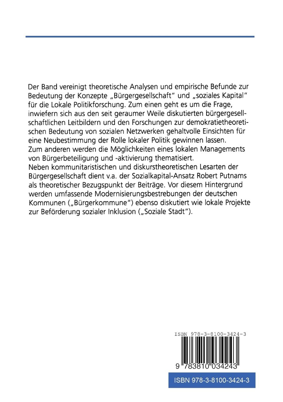 Rückseitencover Bürgergesellschaft, soziales Kapital und lokale Politik