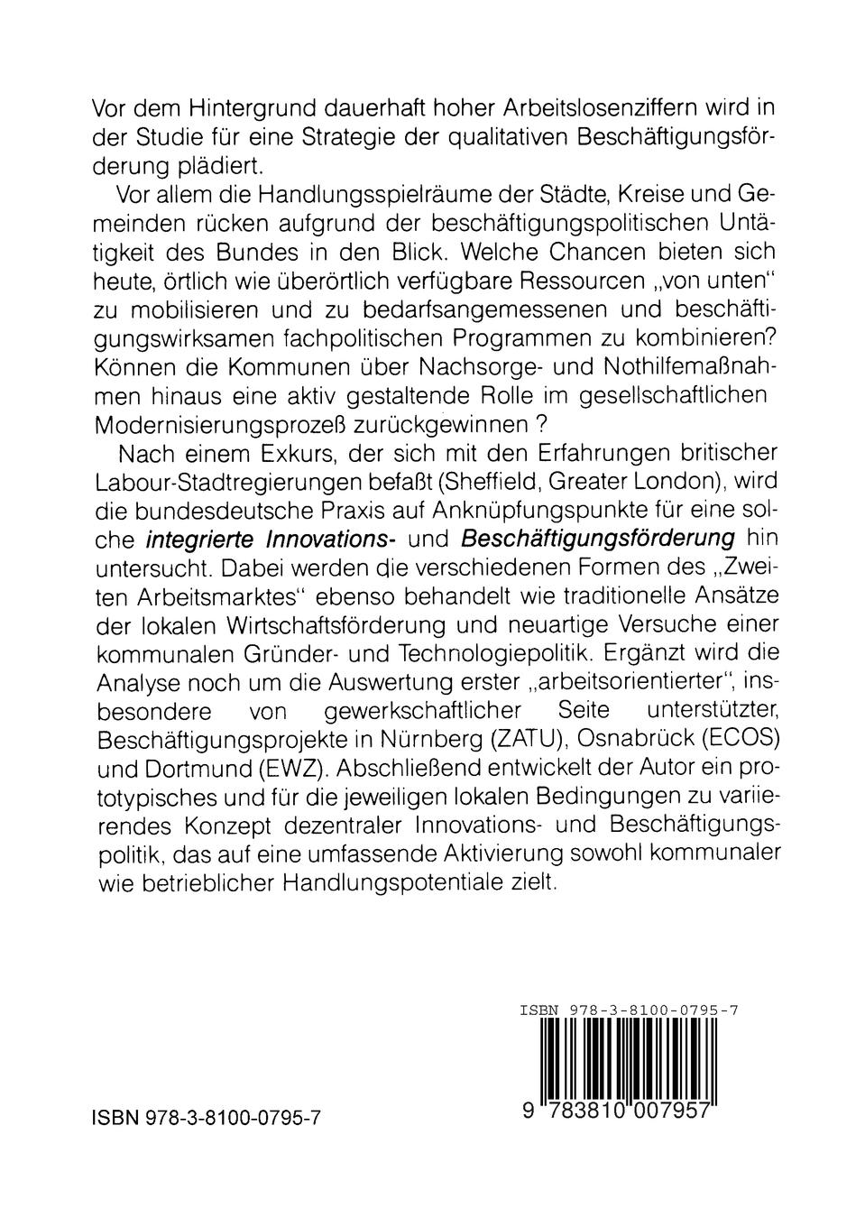 Rückseitencover Kommunale Strategien gegen Massenarbeitslosigkeit