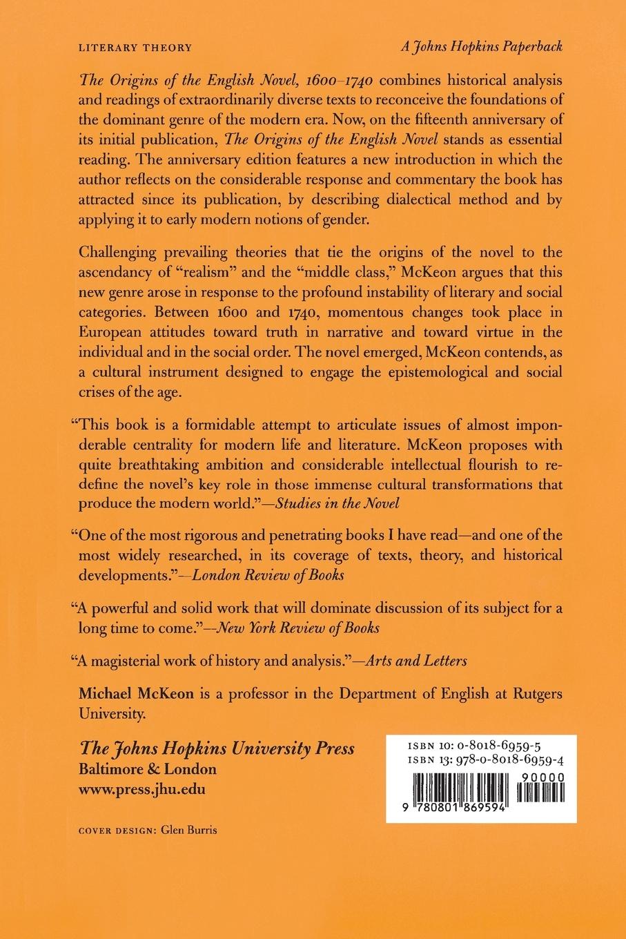 Rückseitencover Origins of the English Novel, 1600-1740 (Anniversary)